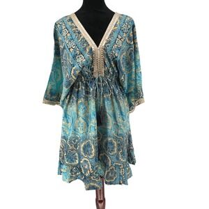 Nazila Couture Silk Blend Paisley Mini Dress Blue Gold Ethnic Metallic Med NWT
